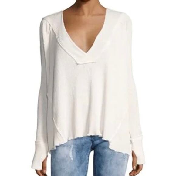 We the Free Ocean View Ribbed Ivory Boho Oversized Deep V neck Top Size L - Picture 4 of 11